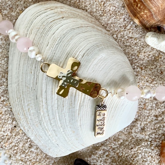 Christian Pearl & Gemstone Cross Charm Bracelet - Anchored in Faith - Picture 3 of 4